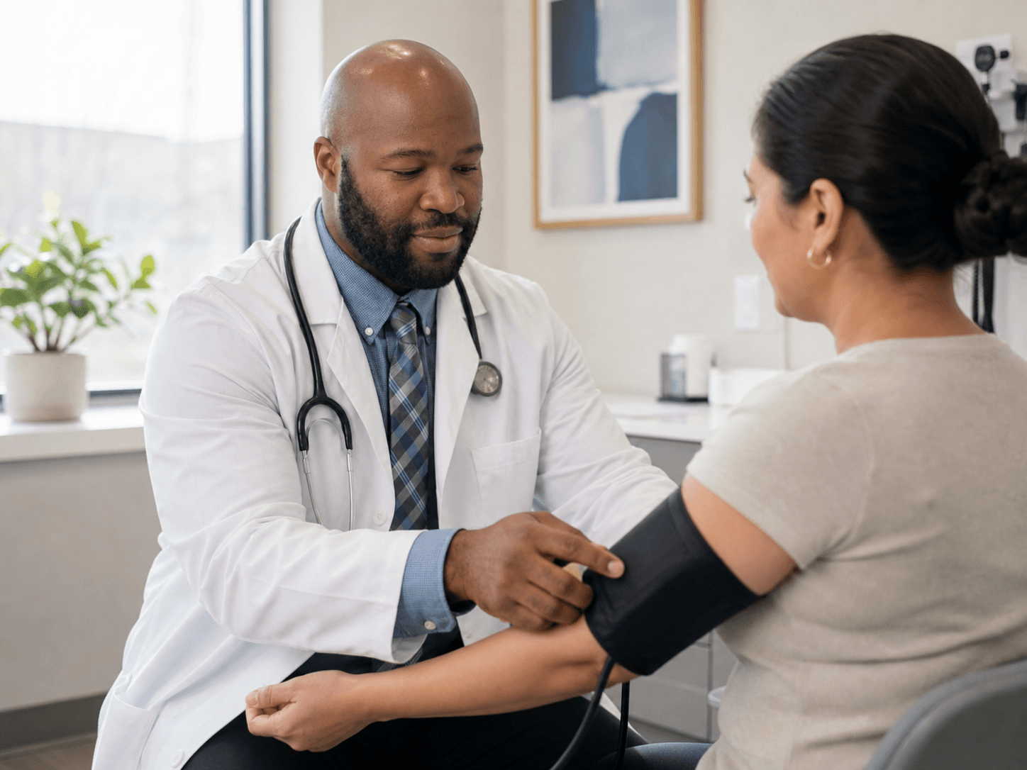 Tony taking a patient's blood pressure in the Corva Medical clinic