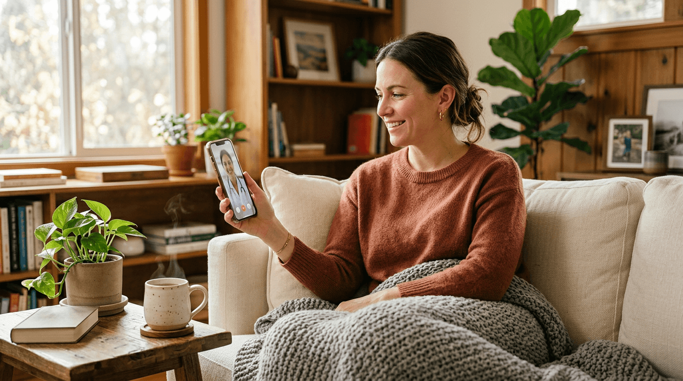 Editorial lifestyle image representing same-day telehealth express care at home