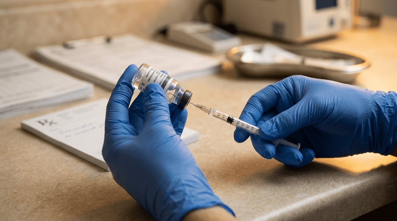 Editorial clinical image representing peptide therapy preparation and oversight