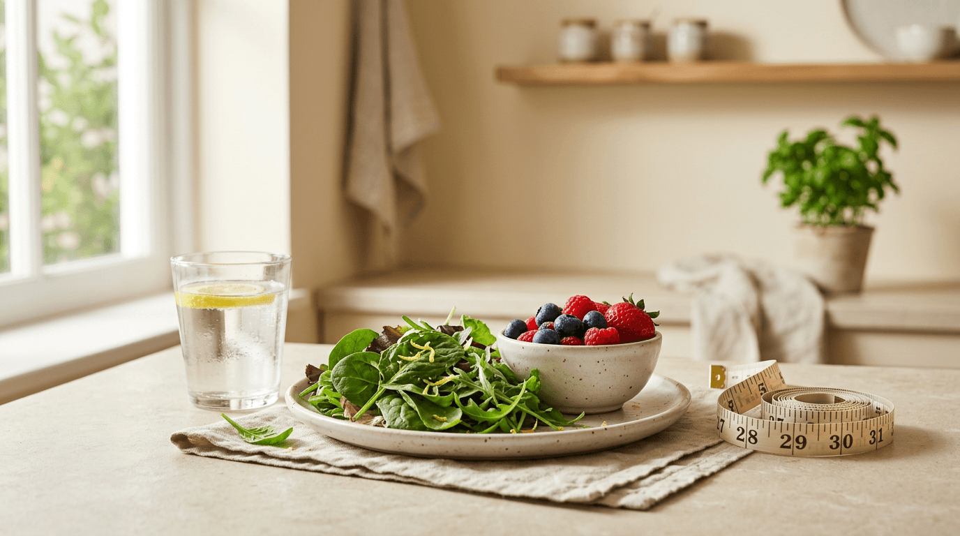 Editorial still-life representing medical weight management and healthy routines